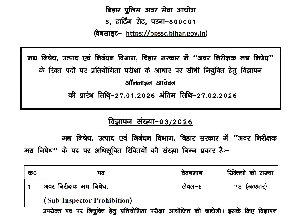 BPSSC SI Prohibition Bharti 2026